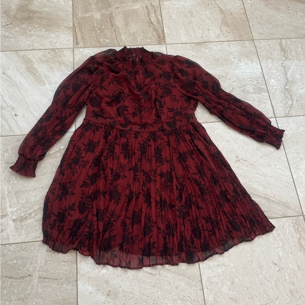 Torrid Burgundy Floral Long Sleeve Dress Mini Turtleneck Chiffon Crinkle Dress 2 - Picture 2 of 4